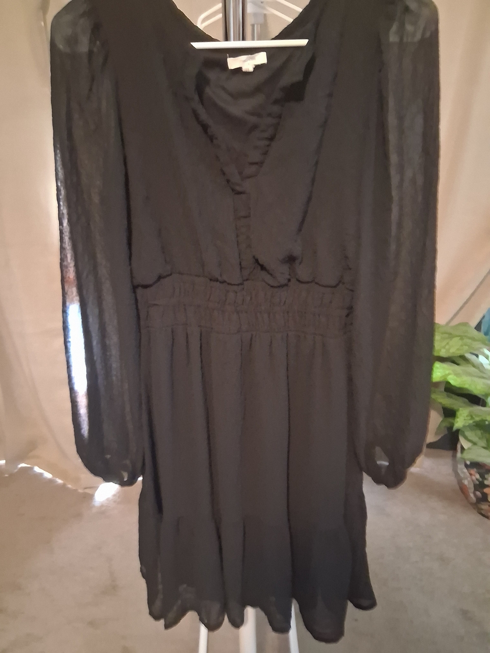 Maurices Black Long Sleeve V-Neck Smocked Waist Dress